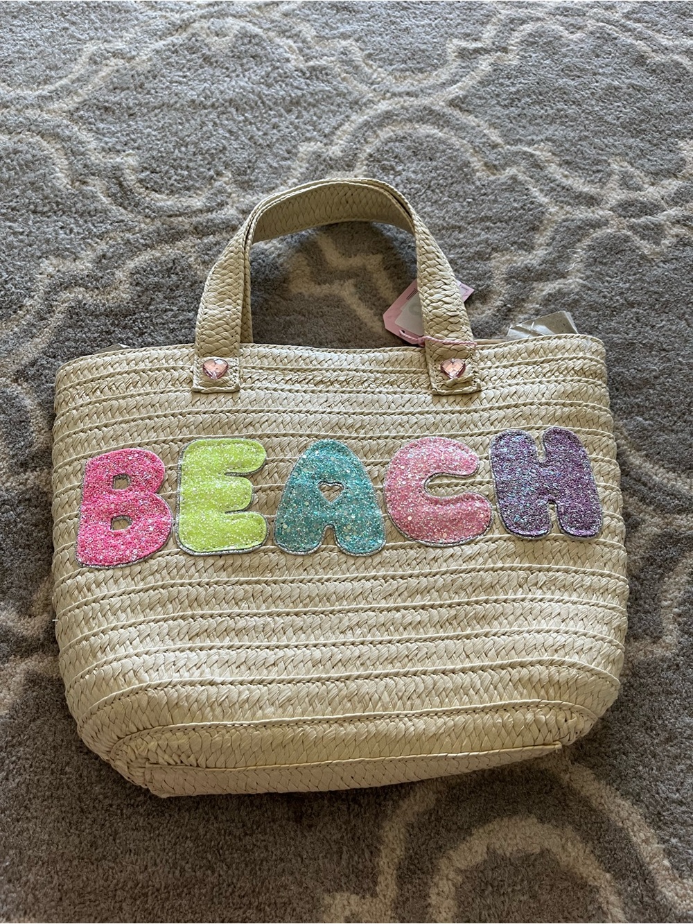 Cream Straw Tote with Multicolor Glitter 'BEACH' Letters